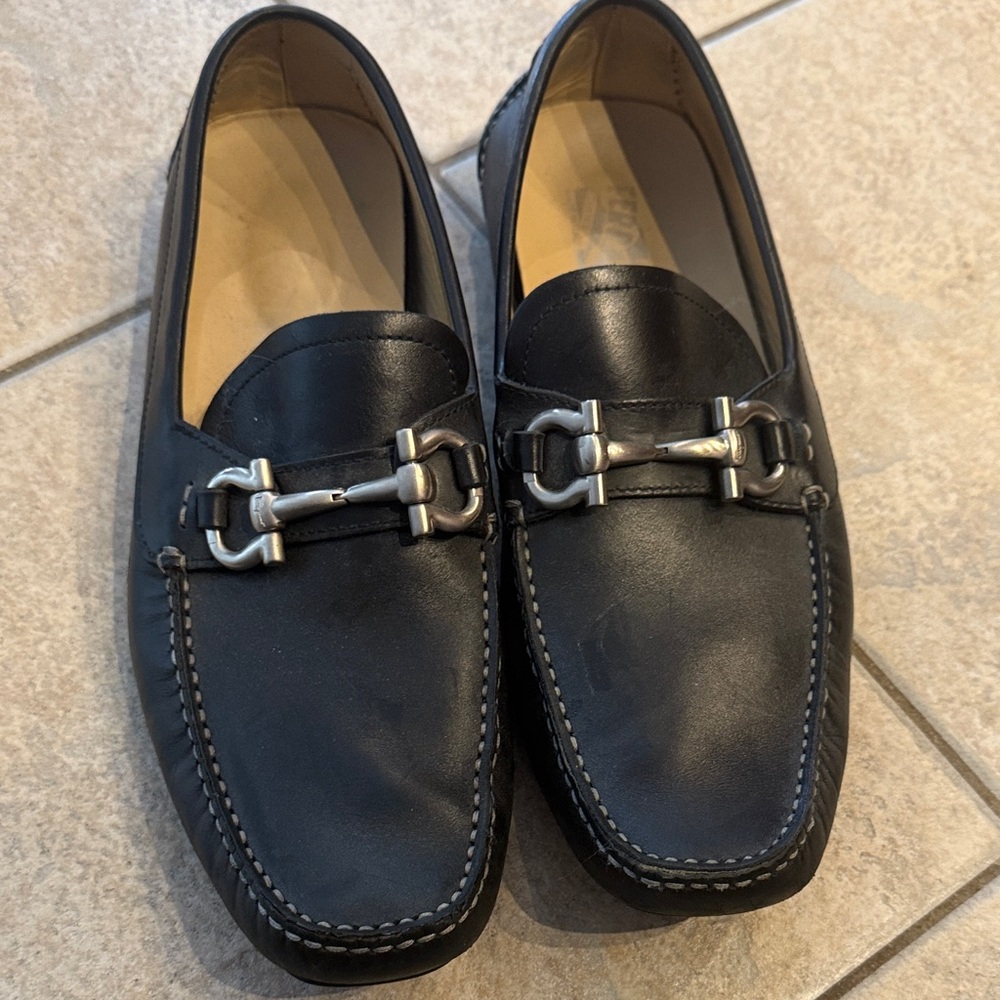 Salvatore Ferragamo Black Loafers with Metallic Accent